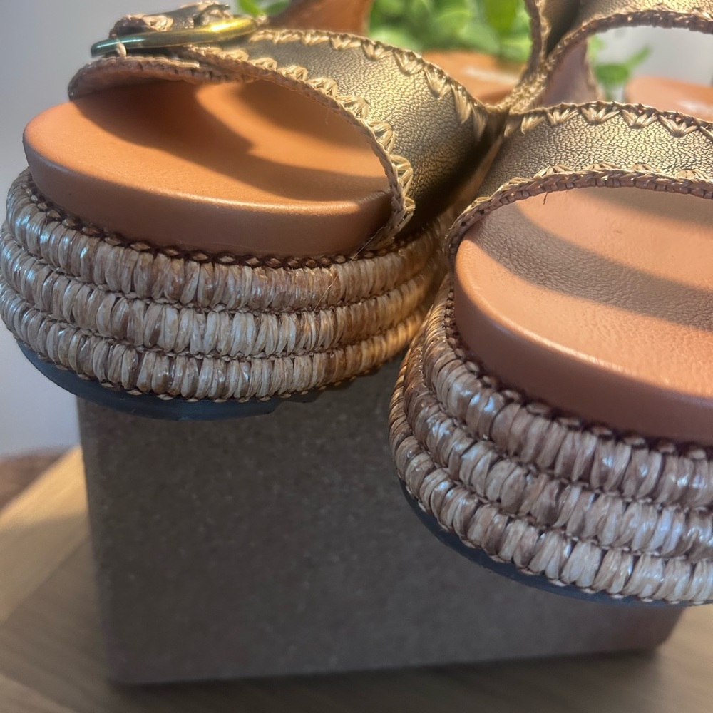 Yellowbox LIKE NEW Bronze and Tan Sandals with Brass Buckles - Picture 4 of 5